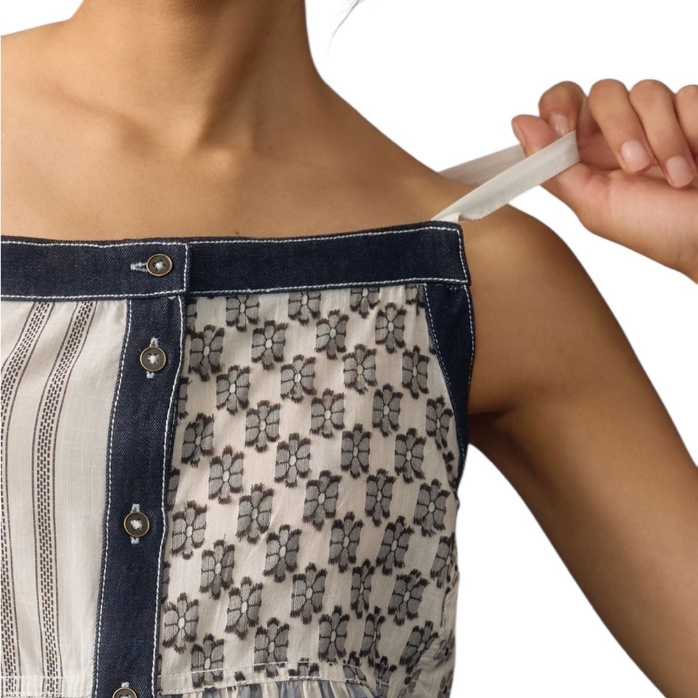 Pilcro Anthropologie button front Patchwork Spaghetti Strap Apron Top Blue - Picture 4 of 9